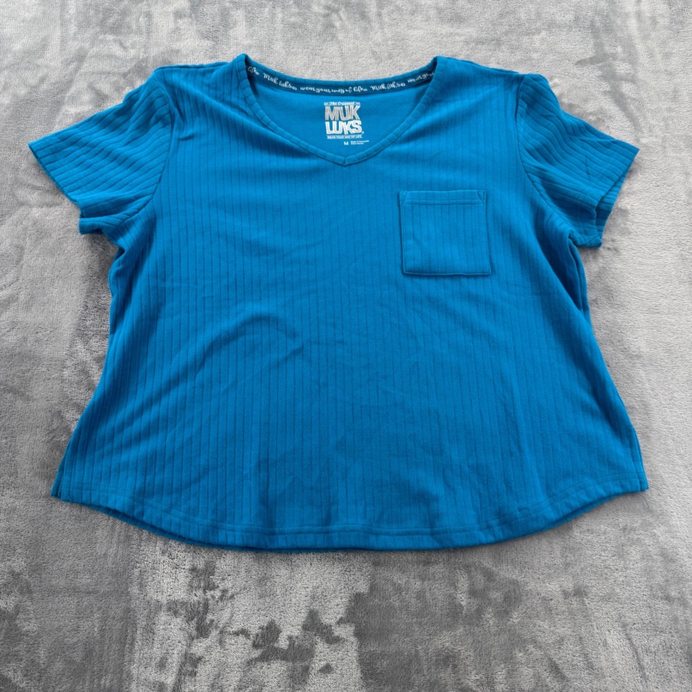 Muk Luks Womens Teal Blue Ribbed V-Neck Short Sleeve Pocket T-Shirt Size M - Picture 2 of 7